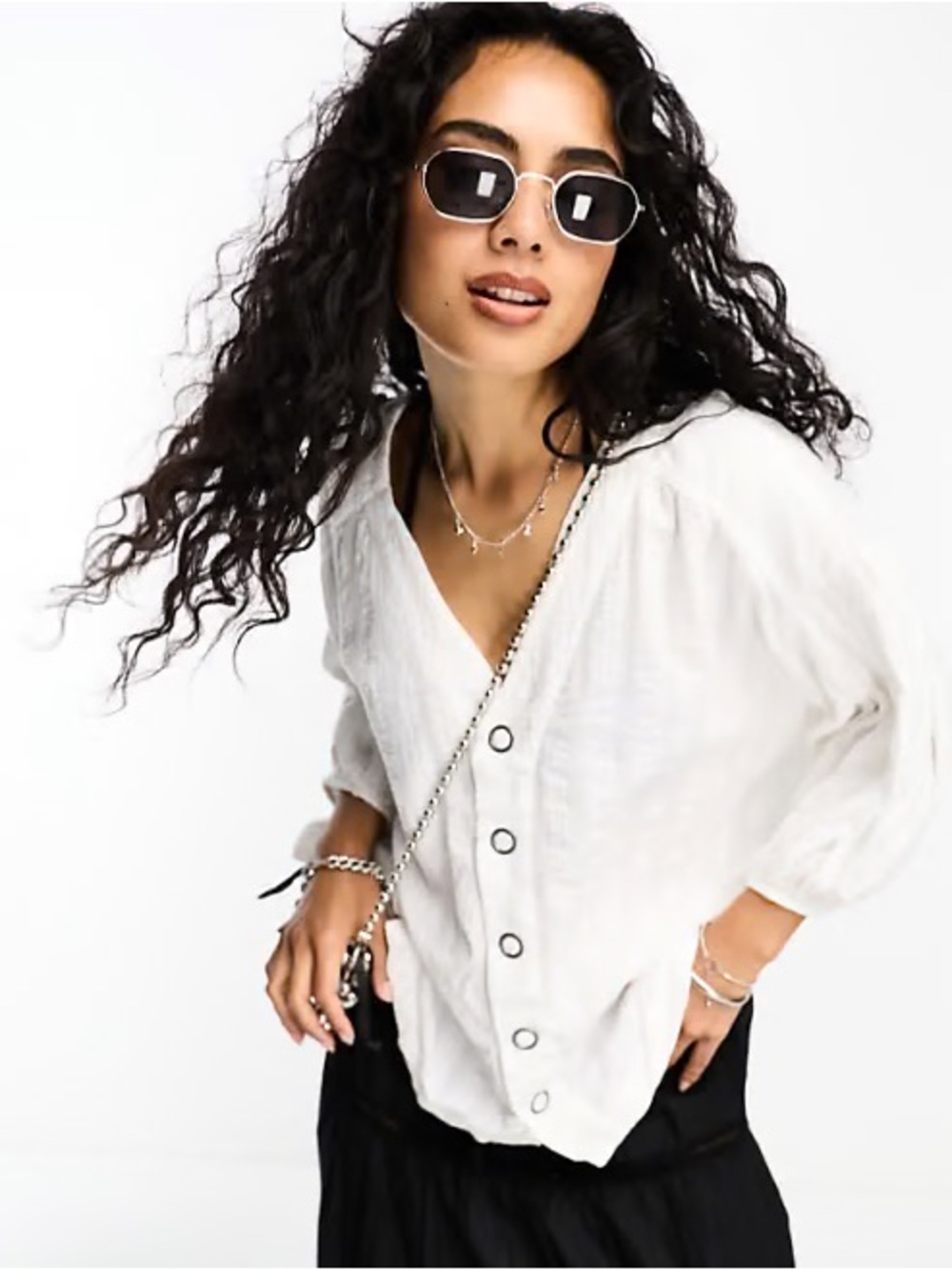 We The Free White Button-Front V-Neck Blouse